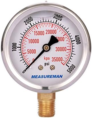 MEASUREMAN 2-1/2inch Dial Size, Liquid Filled Hydraulic Pressure Gauge, 0-5000psi/kpa, 304 Stainless Steel Case, 1/4inchNPT Lower Mount