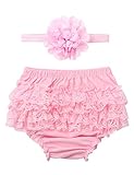 FEESHOW Infant Baby Girls Lace Ruffle Frilled Bloomers Diaper Cover with Headband 1st Birthday Photography Outfit Pink 0-3 Months