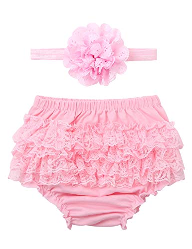YOOJIA Infant Baby Girl Floral Lace Cotton Tutu Bloomers Diaper Cover Princess Birthday Fancy Dress Flower Headband Pink 0-12 Months