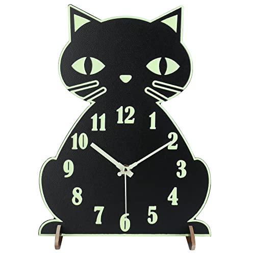 Plumeet Night Light Wall Clock For Kids, Cute Cat Wall Clocks Glow In Dark For Bedroom, Desk Wall Clock For Kids Room Decor, Silent Wood Clocks Battery Operated #TOP1