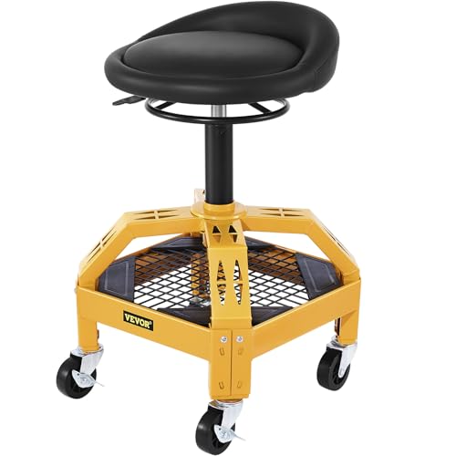 VEVOR Rolling Garage Stool 300LBS Capacity Adjustable Height from 24 in to 28.7 in Mechanic Seat with 360-degree Swivel Wheels and Tool Tray for Workshop Auto Repair Shop Yellow