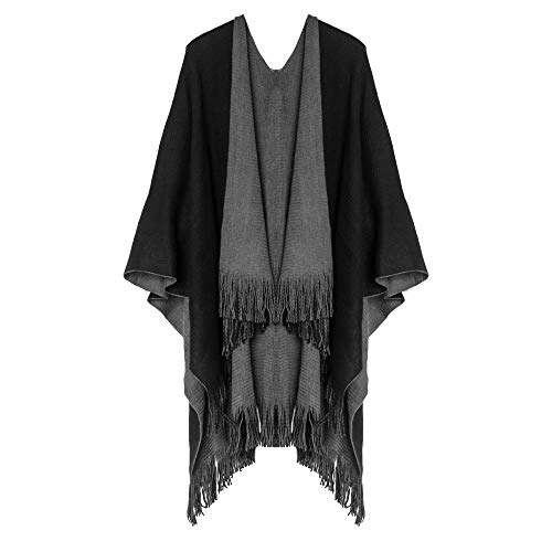 Mayplous Women's Two-Sided Knitted Shawl Oversize Cape Blanket with Tassel - Winter Warm (Black+Grey)