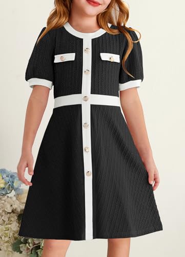 YOVION Girls Summer Dress Puff Sleeve Crewneck Button Color Block Casual Party Dresses with Pockets for 6-12 Y3