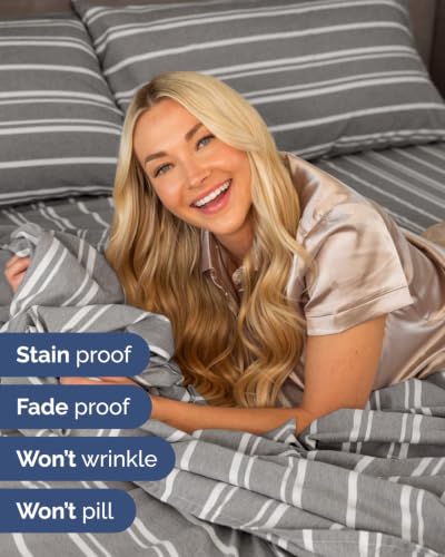 Image of Extra Deep Flex Top Split Head King Sheet Set - 6 Piece Breathable and Cooling Sheets - Hotel Luxury Bedding for Women, Men, Kids & Teens - Easy Secure Fit - Extra Deep Pockets - Grey Stripes 3