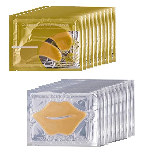 24K Gold Eye Masks and Lip Masks Set - 10 Pairs Collagen Eye Mask and 10 Pcs Gold Lip Mask, Anti Aging Collagen Mask Set.
