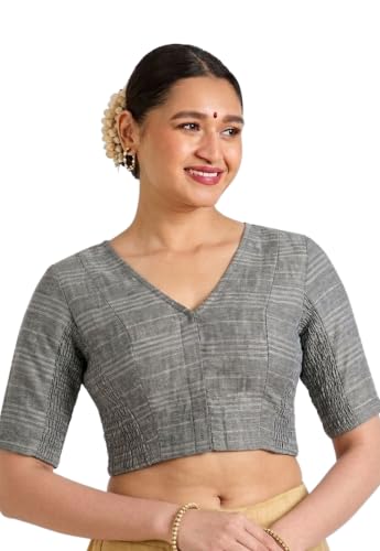 Image of Studio Shringaar Women Cotton Half Sleeve Madras Checks Saree Blouse with Stretchable Sides