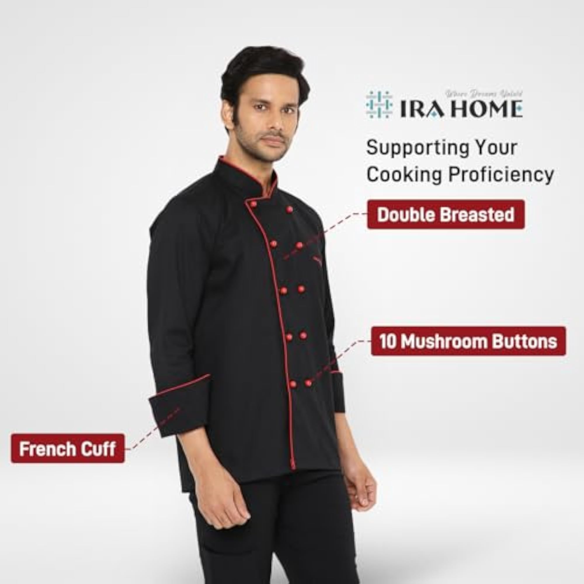 Royal Series Black Color Chef Coat with Red Piping