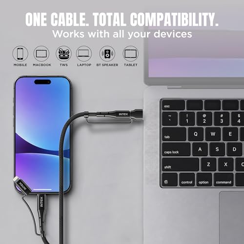 Image of Intex Speed Ultra 3.0 (4 -IN -1) USB-A, Type-C, & Lightning Ports, 60W /3A PD Fast Charging, 480Mbps Data Sync, 2 Swappable Heads, braided Cable Tie - Black