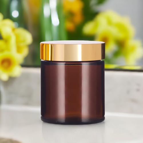 (24 pack) 4 oz Amber PET Plastic Jar with Gold Metal Overshell Lid3
