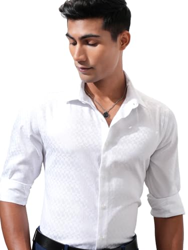 Locomotive Men's Slim Fit Shirts | Self Design | Long Sleeves | Cutaway Collar | Casual Shirts | Men Shirts White
