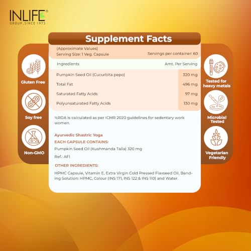 Image of INLIFE Pumpkin Seed Oil, Extra Virgin Cold Pressed, Plant Based Phytosterols, Hair & Prostate Health, Men Women, 60 Veg Capsules