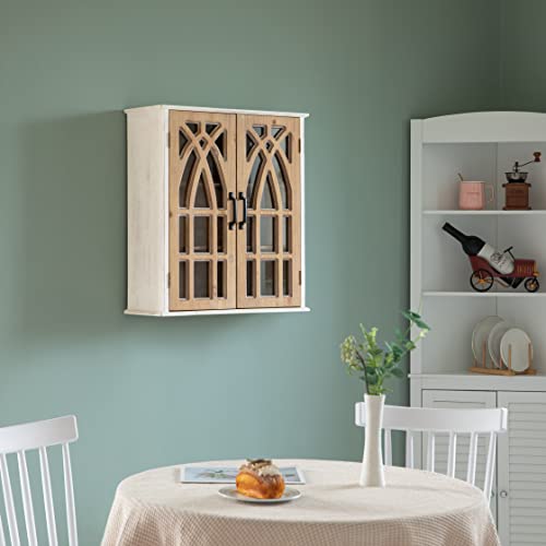 Haigopa Double Door Vintage Cabinet Wall Mounted, Rustic Wood Wall Storage Hanging Cabinet Glass Insert, Farmhouse Bathroom Cabinet #TOP3