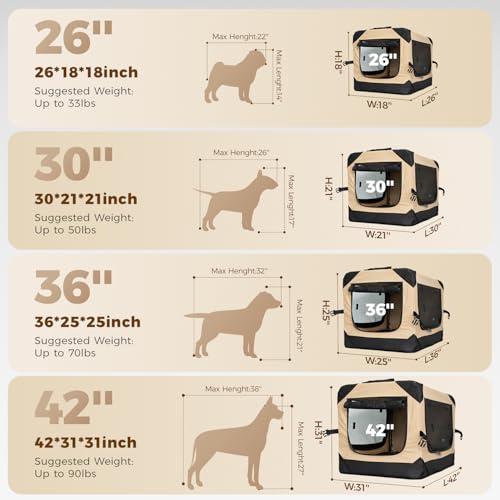 PETSEE 76, 2 cm große, weiche, faltbare Hundebox für mittelgroße Hunde, 4 Türen, tragbar, faltbar, weiche Hundehütte mit kaufesten Netzfenstern für drinnen und draußen, Reisen, Beige-4