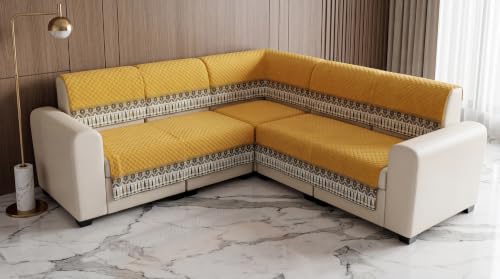 Image of KINGLY L-Shape Sofa Cover 5 Seater 3+2 Velvet Full Cover - Mustard Yellow | Fully covered quilted velvet slipcover, washable anti-slip furniture protector, L-type corner sofa cover for living room