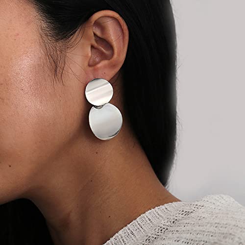 Wendalern Pendientes de tuerca con círculo geométrico pendientes de plata con doble círculo pendientes colgantes de disco redondo pendientes de disco grandes joyería para mujeres y niñas