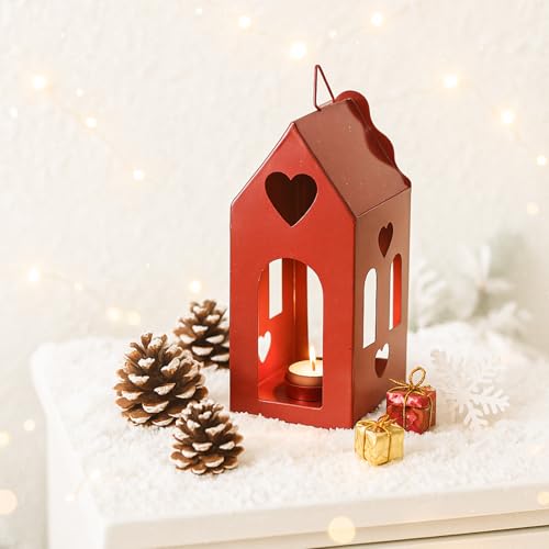 Image of MARKET 99 Hanging T-Lite Holder Hut Metal Red Matte Finish - Xmas & Christmas Home Decor Candle Holder, Festive Hanging Lantern for Living Room, Bedroom, Patio, Outdoor & Holiday Decorations