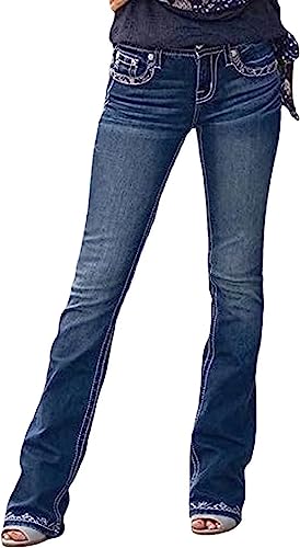 Bootcut Jeans for Women,Stretchy Feather Flower Embroidery Mid Rise Slim Straight Leg Pants Jeans4