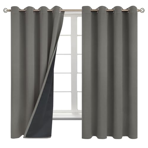 BGment Thermal Insulated 100% Blackout Curtains for Bedroom with Black Liner, Double Layer Full Room Darkening Noise Reducing Grommet Curtain (52 x 63 Inch, Grey, 2 Panels)