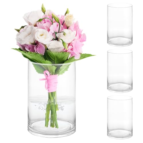 Oungy 4 Pièces Vase en Verre Cylindrique 15 cm de Haut, Vase en Verre avec Socle, Vase en Verre pour Bougies, Vase Cylindrique en Verre Transparent pour...