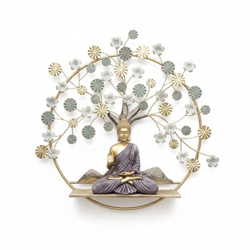 Image of buddha Metal Tree of Life with Meditating Buddha Wall Art with LED Backlight - 32x32 Inches, Golden & Bronze Finish, Perfect for Living Room, Office & Gifting