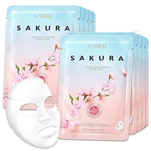 Brightening Face Sheet Mask, Set of 10 - Japanese Hydrating Beauty Skincare with Sakura Extract for Women and Men - Moisturising Anti Aging Facial Treatment - Ideal for Sensitive Skin