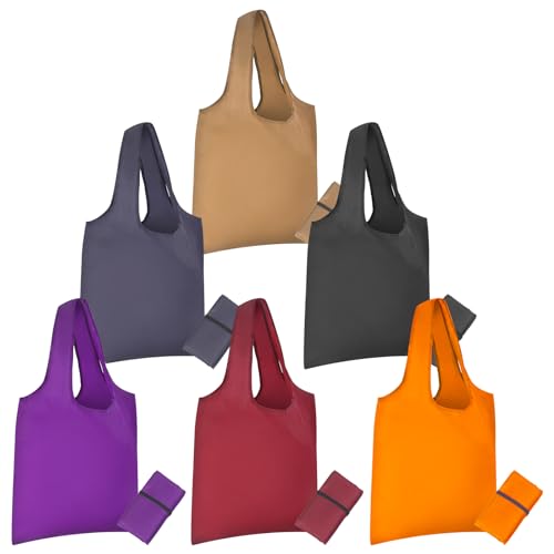 Rustark 6Pcs Reusable Shopping Bags Large Multicolor Grocery Tote Bags Compact Roll-Up Folding Bags with Handles for Shopping
