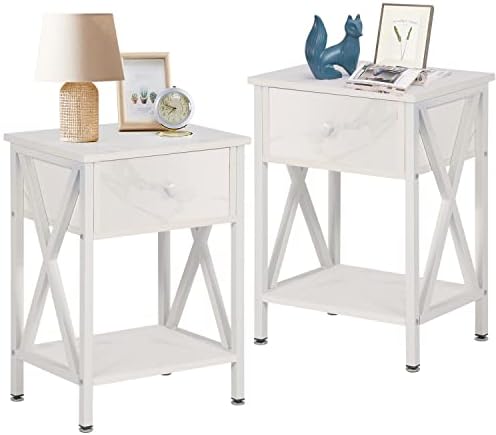 VECELO Nightstands Set of 2, Modern Bedside End Tables, Night Stands with Drawer and Storage Shelf for Living Room Bedroom, Industrial Metal Frame, White