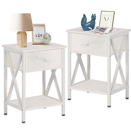 Vecelo Nightstands Set Of 2, Modern Bedside End Tables, Night Stands With Drawer And Storage Shelf For Living Room Bedroom, Industrial Metal Frame, White #TOP5