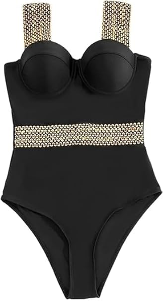 evermall Black Wide Strap One Piece Contrast Trim Push Up Suit| Vertical Seams Swimsuit for Women| Swimming Set, Contrast One Piece Swimsuit, Crop Top Bathing Suit-picture-10