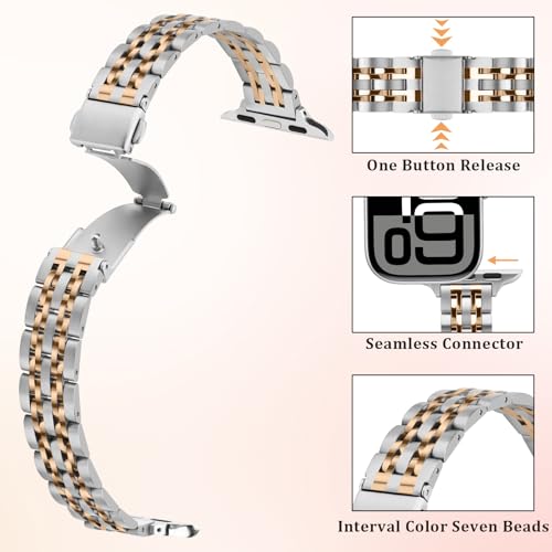 Image of Anlinser Metal Bands Compatible with Apple Watch Band for Women 49 /46 /45 /44 /42 /41 /40 /38mm, Thin Band Designed for iWatch Ultra 3-1 Series 11 10 9 8 7 6 5 4-1 SE (49 /46 /45 /44 /42mm, Silver-Rose Gold)