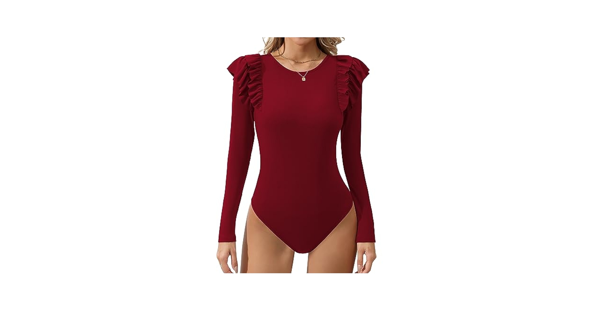Missufe Long Sleeve Bodysuit Ruffle Tops Women's Knit Fitted