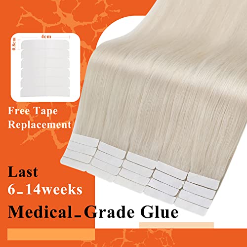 Image of Full Shine Tape in Hair Extensions 12Inch Seamless Tape in Extensions Color 1000 White Blonde Soft Remy Skin Weft Invisible Human Hair Extension for Women 20 Pcs 30 Gram Natural