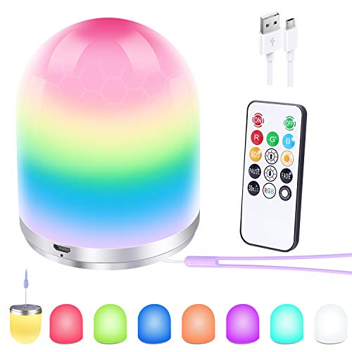 Preisvergleich Produktbild Nachtlicht Kinder, LED Nachttischlampe, RGB USB-Aufladung Tischlampe Kind mit Fernbedienung und Lanyard, Dimmbar Tischleuchten mit Farbwechsel, 30 Minuten Timer für Kinder, Schlafzimmer, Camping