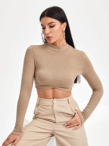 Mulheres Top Cortado Pescoço (Color : Khaki, Size : L)