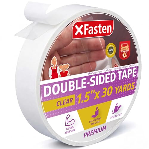 XFasten Double Sided Tape Clear, Removable, 1.5-Inch by 30-Yards, Single Roll Ideal as a Gift Wrap Tape, Holding Carpets, and Woodworking