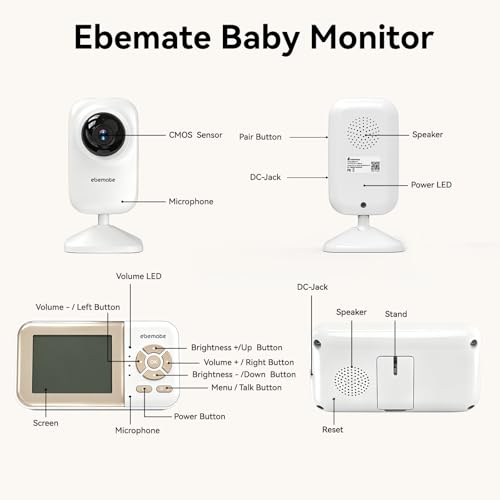 ebemate - Kamera wideo dla niemowląt z 2 kamerami, 2,8-calowym wyświetlaczem LCD, wideo i audio, bezgłośnym noktowizorem, 2-drożną kamerą audio do rozmów, sterowanie