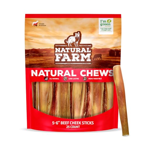 Natural Farm Bully Cheek Stick, 5-6-Inch (25-Pack)- Best Bully Stick Alternative, 100% Natural Beef Cheeks for Dogs- High Protein, Cleans Teeth Treats, Long Lasting Beef Chews for All Dog Sizes
