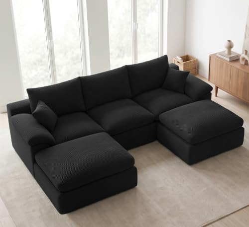 Image of Cloud Sectional Couch, Boneless Couch Modular Sofa, Black | U shaped, Couches for Living Room & Apartments, Deep Seat & Convertible Ottoman, Kid & Pet Friendly, Family Ready