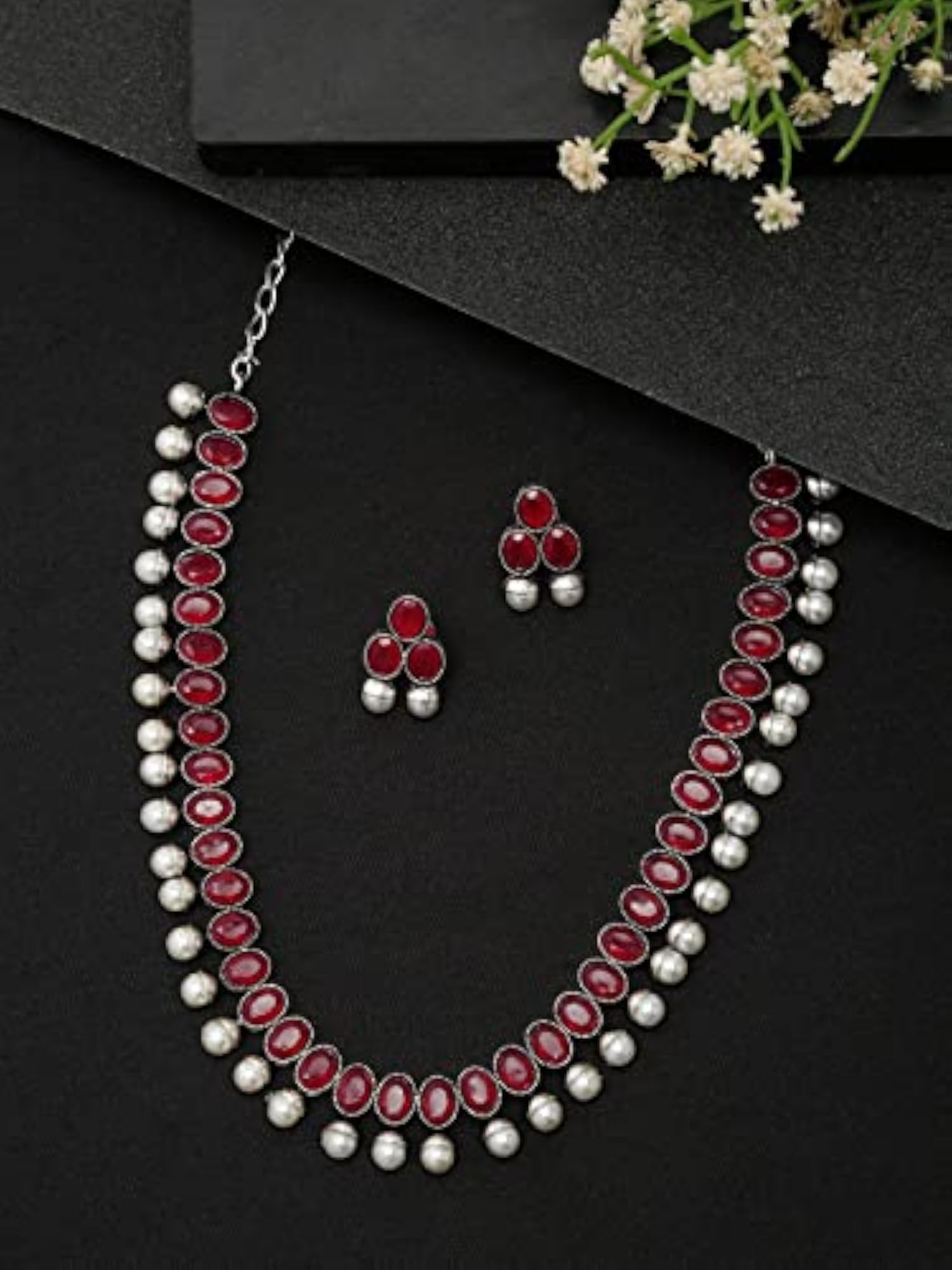 Oxidized Silver Necklace Set with Earrings