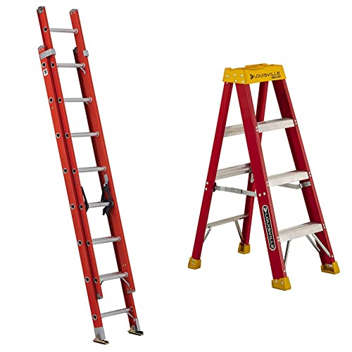 Louisville Ladder FE3216 Fiberglass Extension Ladder 300-Pound Capacity, 16-foot, Type IA, Orange and Louisville Ladder L-3016-04 Step Stepladder, 4-Feet Bundle