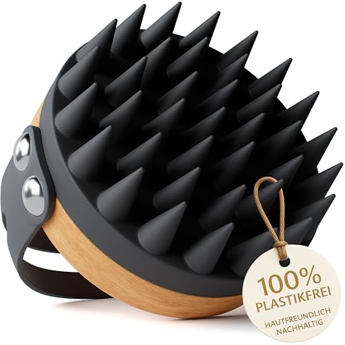 HELDSON® Premium Kopfhaut Massagebürste - FSC®100% - Kopfmassage Bürste - Scalp Massager Brush - Haar Massagebürste Haare - Hair Care Kopfhaut Peeling - Kopf Massage - Scalp Scrub [Onyxschwarz]