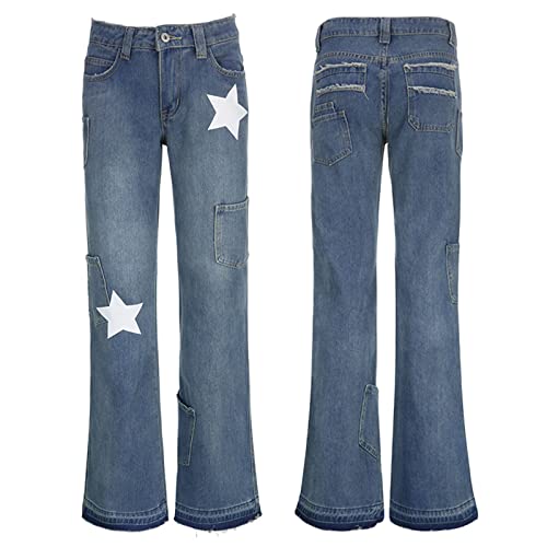 Women Baggy Jeans Casual Denim Y2K Star Print Teen Girls Pants Street Big Pockets Fall Spring Trousers4