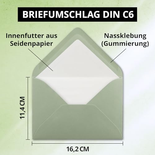 75 Briefumschläge Eukalyptus (Grün) - DIN C6 - gefüttert mit weißem Seidenpapier - 100 g/m² - 11,4 x 16,2 cm - Nassklebung - NEUSER PAPIER
