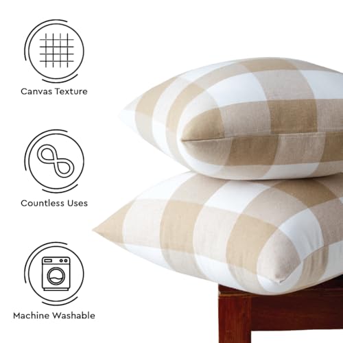 Image of Encasa XO Farmhouse Throw Pillow Covers Set of 2 (20x20 in) Buffalo Beige Checks | Decorative Cushion Covers No Inserts | Plaid and Stripes Pillow Covers for Living Room, Couch