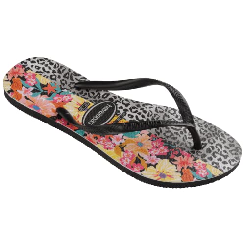 Havaianas Kids Slim Mixed Print Flip Flops - Spring and Summer Flower and Cheetah Sandals for Girls - Black/Black, 9C Little Kid3