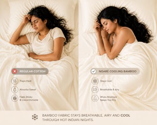 Image of Noare Bamboo Bedsheet Set King Size - Cooling & Breathable Fitted Bedsheet with 2 Pillow Covers for Double Bed | Ultra Soft and Buttery | Soft Ivory