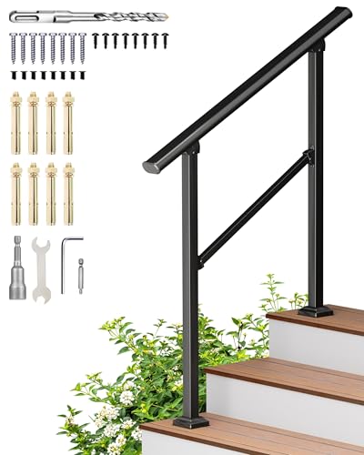 Hidalife Hand Rails for Outdoor Steps, 3 Step Stair Railing Indoor, Railing for Stairs, Wrought Iron Handrails for Outdoor Steps for Deck/Porch, Black