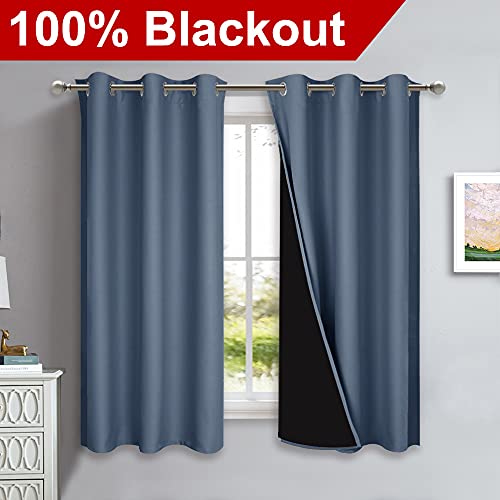 Image of NICETOWN 100% Blackout Window Curtain Panels, Stone Blue, 2 Pieces, 37 inch Wide Each Panel, Heat and Full Light Blocking Drapes with Black Liner for Nursery, 40 inch Drop Thermal Insulated Draperies
