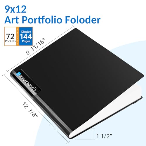 Sooez Art Portfolio 9\"x12\", 72 Pockets Large Portfolio Folder Display 144 Pages, Heavy Duty Binder with Plastic Sleeves&Elastic Band, Presentation Book with Clear Sheet Protector for Artwork Organizer