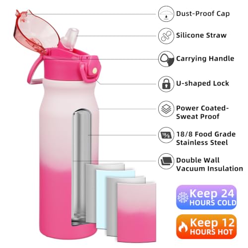 Image of BJPKPK 25 oz Insulated Water Bottle, Straw, Handle, Stainless Steel Flask | Leak Proof Locking Lid, Thermal, Double Wall Vacuum, Keeps Hot /Cold, Dishwasher Safe, Travel & Sports, Cherry Blossom
